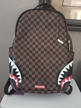 Sprayground Brown and Black Checkerboard Shark-Mouth Backpack
